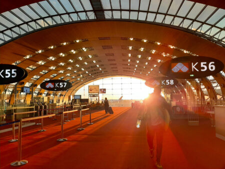 Roissy Charles de Gaulle airport terminal at sunset